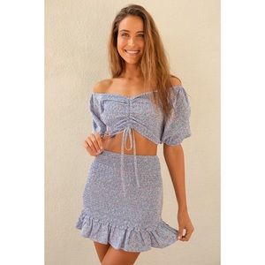 Sweetie Blue Floral Print Smocked Off-the-Shoulder Crop Top & Bodycon miniskirt